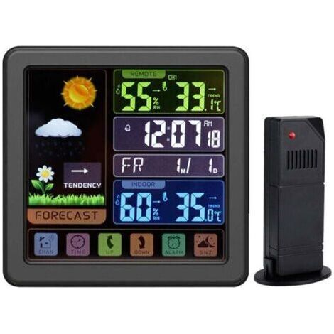 (Noir) Station météo couleur sans fil avec écran tactile complet, horloge météo multifonction sans fil, sécurité enfant, port USB et écran LCD couleur (1/3)