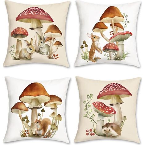 Housse de Coussin Automne Champignon 45 x 45 cm Champignons Rouge Marron Animaux Polyester Doux Décoratif Taie d'oreiller pour Canapé Chambre Jardin Maison Décoration 4 Pièces,Noyau non inclus (1/5)
