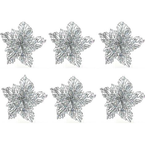OFFERTA 6 POINSETTIA APPENDIBILE CON CLIPS 23.5 X 10 CM CON GLITTER ARGENTO