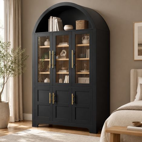 Buffet vetrina 110x40x185 cm PB+MDF nero, ripiani regolabili per sala da pranzo – MEUBLIV (1/5)