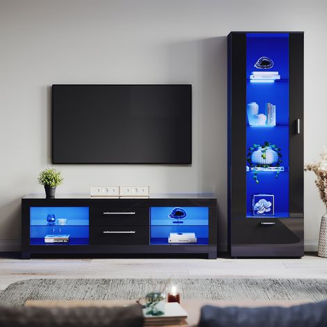 ELEGANT 1600mm TV Stand Cabinet + Sideboard Display Cabinet Set with Multicolour LED Lights Black Gloss Storage Unit for Living Room Furniture Set 5