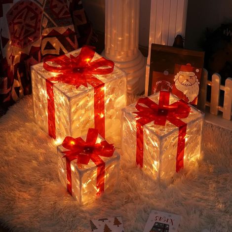 JSSEVN - Juego de 3 adornos navideños luminosos con lazo - Cajas de regalo luminosas para árbol de Navidad - Decoración luminosa para exteriores (1/5)