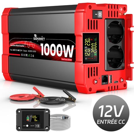 Onduleur pur sinus 12V vers 230V, 1000W continu 2000W crête, convertisseur tension camping-car (1/5)