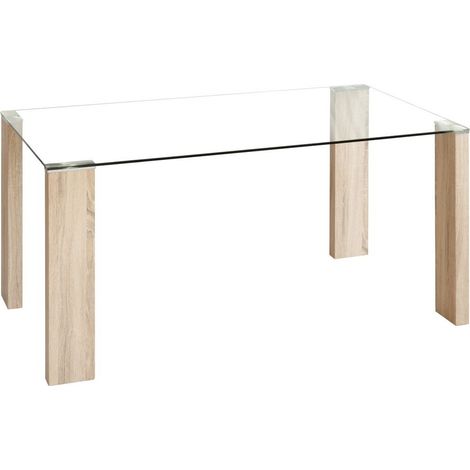 Home Heavenly® - Mesa comedor de cristal CANNES. 140x90 cm. Mesa cristal rectangular con 4 patas de líneas rectas.  Color: Pata Roble (1/5)