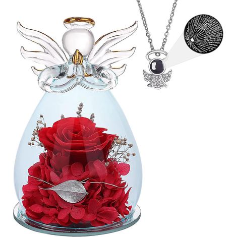 Cadeau pour la fête des mères ou l'anniversaire de maman : Statue d'ange en verre ornée de jolies fleurs violettes - Bleu foncé/rouge - Taille M (1/5)