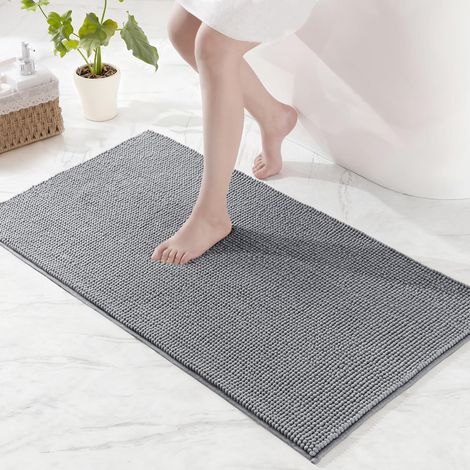 1 Tapis de Bain Chenille Antidérapant Absorbant Séchage Rapide Lavable Salle de Douche 60x90 cm Gris