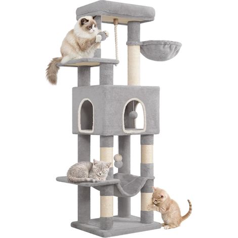 Arbre à Chat Hauteur 162 cm, Tour de Jeux pour Chats, Griffoir avec Grandes Plateformes, 5 Poteaux à Griffer, 3 Pompons, 1 Hamac, 1 Niche, Multi-Niveaux, Gris Clair (1/5)