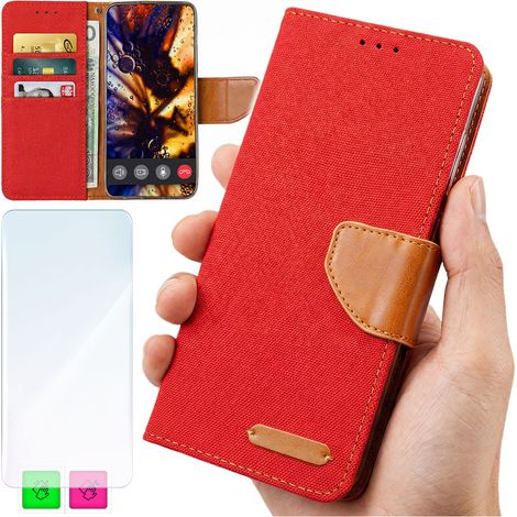 Funda tipo cartera para Xiaomi Redmi 13C 4G / Poco C65 - Cubierta de lona roja + cristal (1/5)