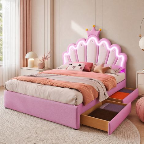Letto imbottito per bambini 140x200 cm, con 2 cassetti, testiera regolabile e luce LED, in PU rosa, senza materasso (1/5)