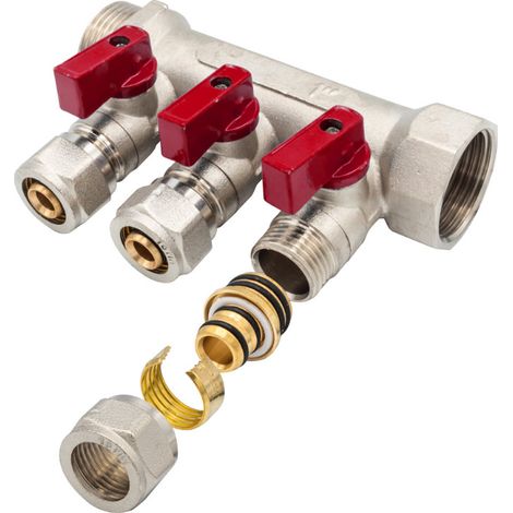 Heizkreisverteiler Verteiler mit 3 Abgängen Kugelhahn Rot MF-1” 3 x 16 Verteiler mit 3 Abgängen Kugelhahn Rot MF-1” 3 x 16