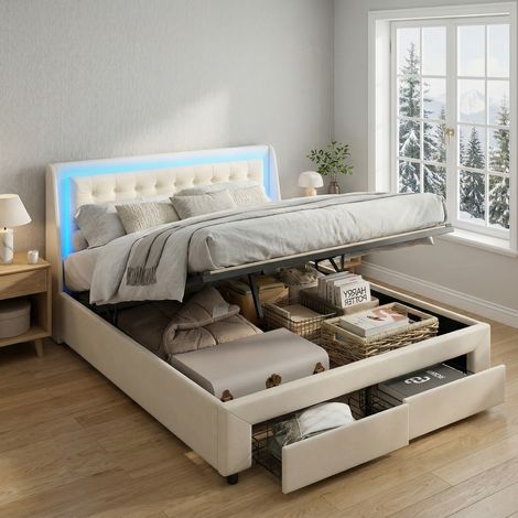 Letto contenitore 160x200, 2 cassetti, illuminazione LED RGB, letto per adulti con apertura idraulica, letto matrimoniale capitonné, velluto, stile moderno/scandinavo(160x200cm, Beige)