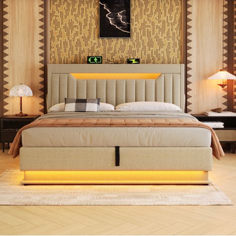Letto contenitore in lino beige 180x200 cm con LED, testiera con USB e Type-C, rete a doghe inclusa (1/5)