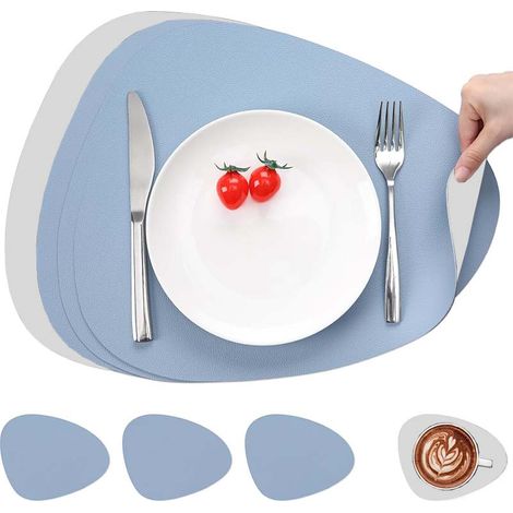 Set De 4 Sets De Table Et Dessous De Verre - Sets De Table Antidérapants - Forme Ovale - Réversibles (couleur Différente Sur Chaque Face) - Aspect Cuir - Couleurs : Bleu Ciel Et Gris Clair (1/5)