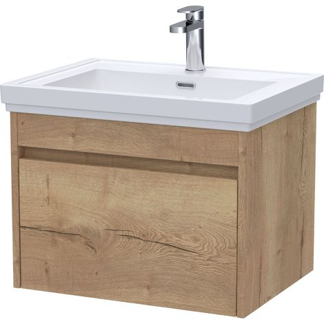 Swainsley Contemporary Wall Hung 1 Drawer Vanity Unit with Traditional 1 Tap Hole Fireclay Basin, 600mm, Autumn Oak