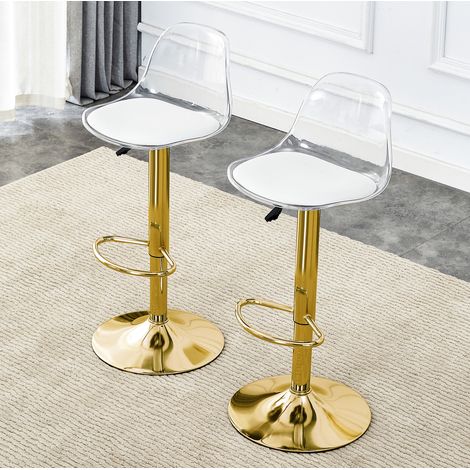 REDOM - Juego de 2 taburetes de bar regulables, asiento giratorio de 360°, respaldo transparente ergonómico, metal y plástico, dorado y transparente (1/5)