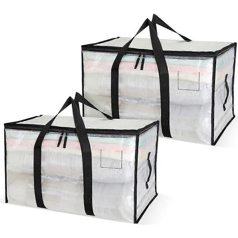Set aus 2 großen, transparenten Aufbewahrungstaschen, 95 l, mit Reißverschluss und Griff, für Umzüge, Kleidung und Bettwäsche. (1/5)