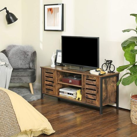 Vasagle – Meuble TV industriel marron rustique avec étagères réglables – Portes persiennes – Dimensions 110x40x50 cm – Charge max 50 kg (1/5)
