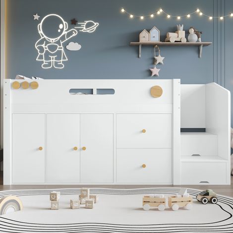 Lit en bois, lit d’enfant, lit mi-haut, escalier de rangement avec portes magnétiques, avec deux grands tiroirs et une armoire, pin + MDF + contreplaqué, 90x200cm, lit cabane enfants (1/5)