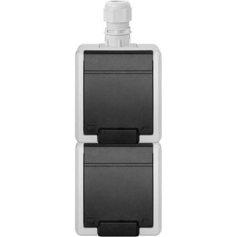 Enchufe doble de superficie Aquant 2K con toma de tierra 2x2P+Z vertical IP65 gris 5052-65