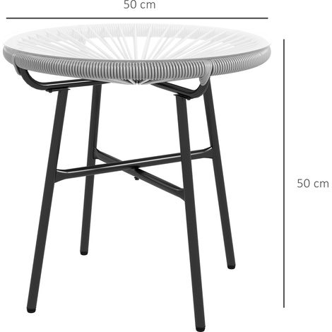 Table d'appoint ronde en rotin, idéale pour terrasse ou balcon, avec plateau en verre. Couleurs : noir et gris. Dimensions : 50 x 50 x 50 cm. (1/5)