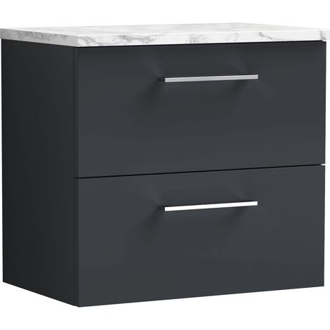 Nuie Arno Wall Hung 2-Drawer Vanity Unit with Carrera Marble Worktop 600mm Wide - Satin Anthracite (1/4)