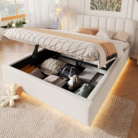 Lit Double 140x200 cm Rembourré avec Coffre Hydraulique, LED, Tête de Lit Capitonnée, Sommier à Lattes, Chenille - Beige (Sans Matelas) (1/5)