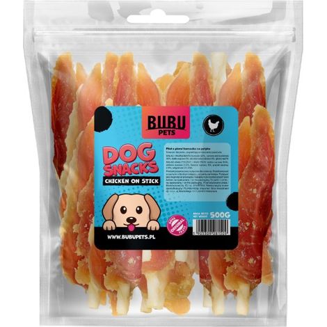 Bubu Pets  Friandises pour chiens  Sachet de 0,5 kg - Filets de blanc de poulet sur bâtonnet de bœuf  500 g