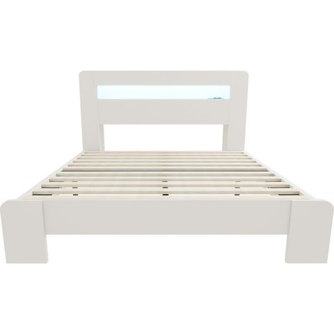 Cama plataforma blanca 140 x 200 cm con cabecero de almacenaje, LED y enchufes - MODENUIT (1/5)