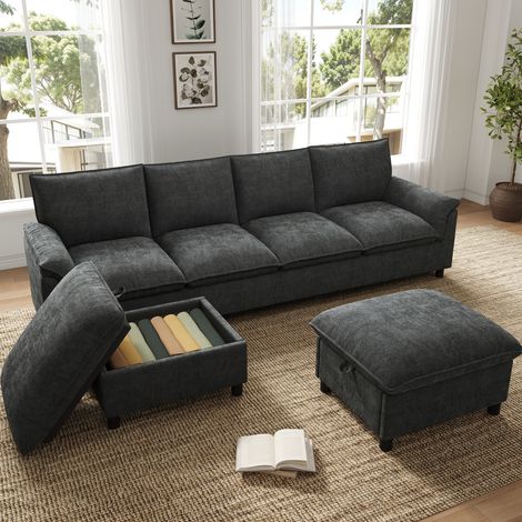Modulares U-Sofa mit 2 mobilen Hockern, tiefer Sitz, hohe Rückenlehne, schwarzer Chenille HAVRYA (1/5)
