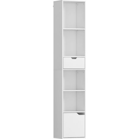 Bibliothèque étroite avec 4 niches, étagère réglable, tiroir et porte, meuble de rangement blanc, compact, pour bureau ou salon - CHICFURN (1/5)