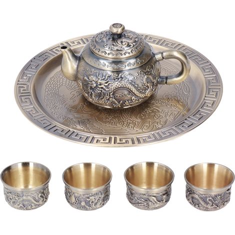 Service à thé marocain vintage en métal repoussé (comprenant tasses et plateau), un cadeau décoratif idéal. (1/5)