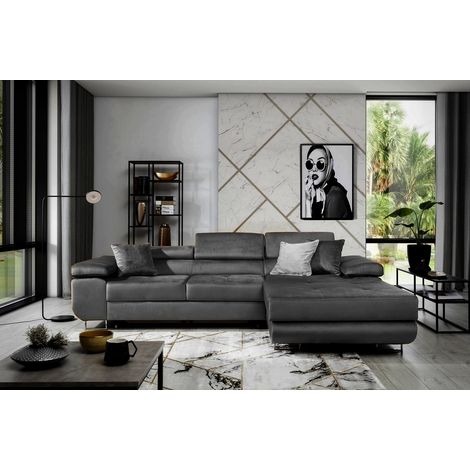 Canapé d'angle convertible ARMEL en tissu luxe 5 places, gris anthracite, avec coffre, angle droit (vu de face) (1/5)