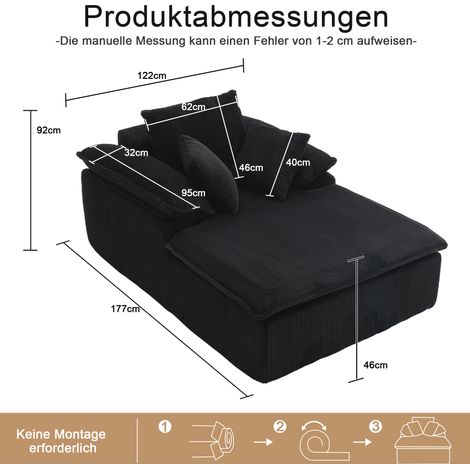 Relaxsofa ohne Gestell 177x122x92 cm schwarz, Cordstoff, breite Armlehnen, montagesfrei MEUBLIV (1/5)
