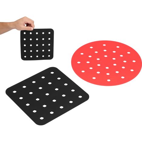 Tapis de friteuse réutilisable en silicone antiadhésif, panier à friture, coussin de cuisson vapeur, accessoires de cuisine (carré noir, rond rouge) (1/5)