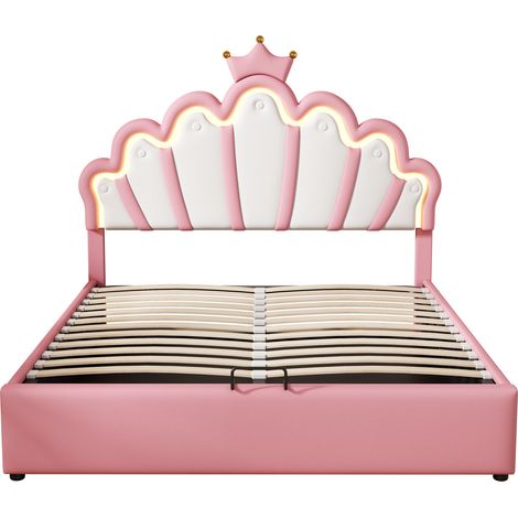 Cama tapizada princesa 140 x 200 cm rosa con LED, cabecero corona y almacenamiento hidráulico (1/5)