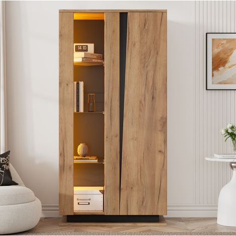 Vitrine naturelle et noire avec LED, 2 portes et 8 étagères, 80x35x160 cm (1/5)