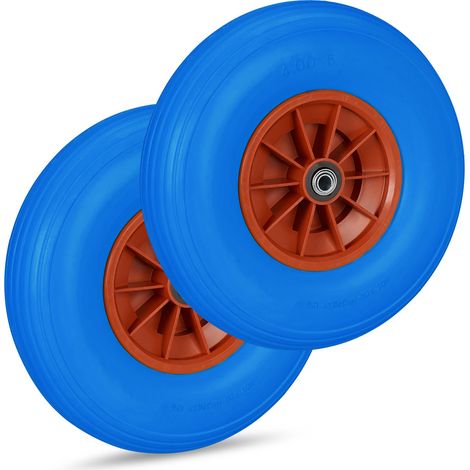 Set of 2 Relaxdays Wheelbarrow Wheels, 4.00-6, Solid Rubber, Plastic Rim, 3 Adaptors, Flatproof Tyre, 136 kg, Blue/Red