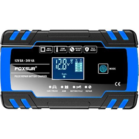 Foxsur Chargeur de Batterie de Voiture de Moto 12V 8A 24V 4A Réparation Automatique D'Impulsion LCD Chargeur de Réparation de Batterie de Voiture