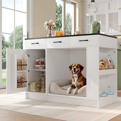 Isla de cocina 120x60x90 cm blanca en MDF con 3 cajones, estante ajustable y espacio para mascota (1/5)