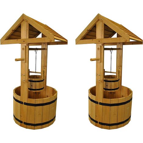 Large Wooden Wishing Well Garden Planters (Set of 2) (1/5)