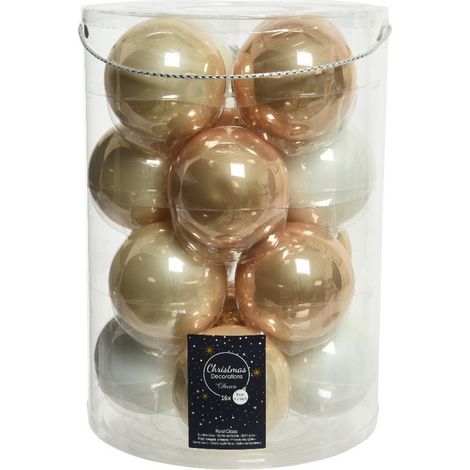 Palline di Natale in vetro da appendere 8 cm Perla, Caramello e Bianco. Set 16