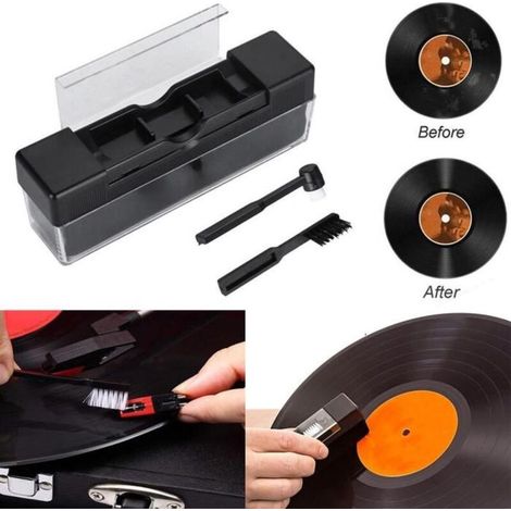 Kit per la pulizia dei dischi in vinile: spazzola per la pulizia, strumento per rimuovere la polvere, smacchiatore, strumento per rimuovere le impronte digitali, borsa per il trasporto. (1/3)