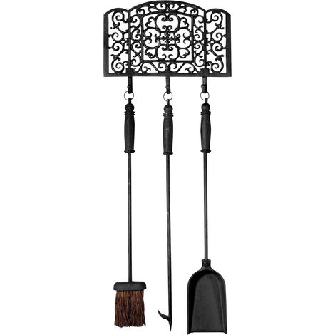 Juego de 3 accesorios de hierro fundido para chimenea en un colgador decorativo. (1/4)