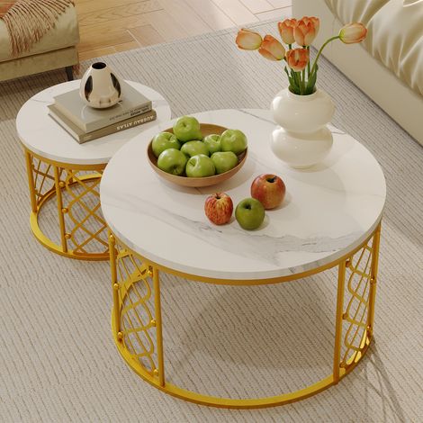 Set di 2 tavolini da salotto effetto marmo bianco e oro con struttura in metallo HAVRYA (1/5)