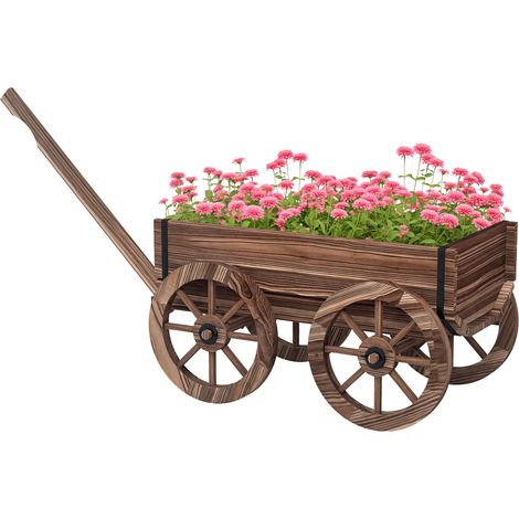 Chariot à fleurs - Outsunny - en bois - 4 roues et poignée, trous de drainage - pour jardin, balcon, terrasse - 120x41x54cm - marron