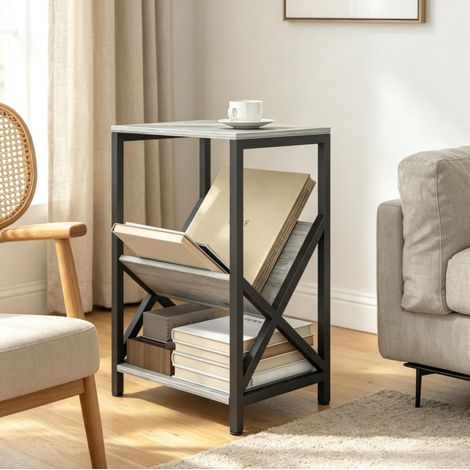 Tavolino laterale stretto 3 ripiani con portariviste a V grigio scuro 40 x 30 x 61 cm (1/5)