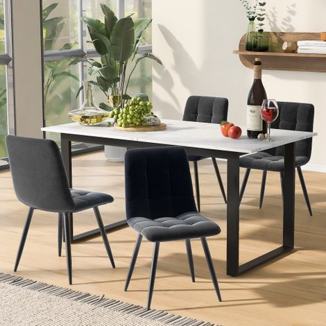 Ensemble de salle à manger (table 140/180×80×75 cm avec 4 chaises), ensemble table et chaises de cuisine moderne, chaises en velours gris, plateau en MDF blanc, pieds de table noirs