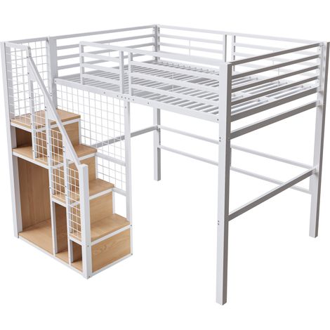 Cama alta 140 x 200 de metal blanco con escalera de seguridad y almacenaje HOMVRA (1/5)