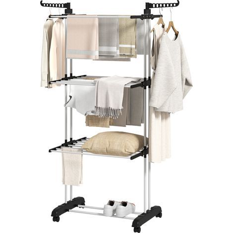 Étendoir à linge, 4 niveaux, pliable, 4 roues dont 2 avec freins, structure en métal, noir, 73 x 64 x 177 cm (1/5)