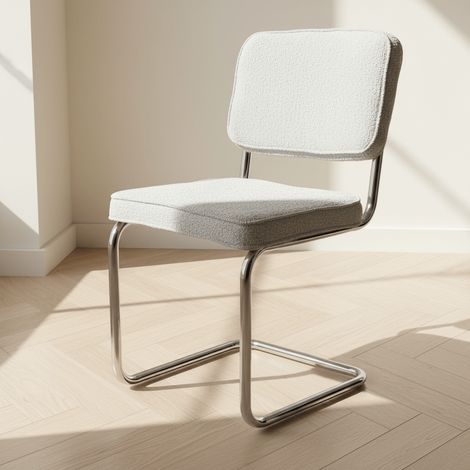 Modern Esszimmerstuhl Sway aus grauem Bouclé-Stoff – Chromrahmen